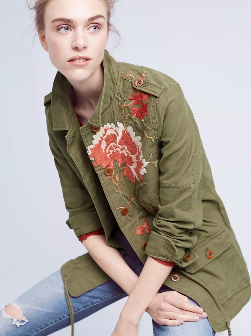 Anthropologie | Hei Hei Embroidered Field Jacket In Green & Multicolor Size XSP